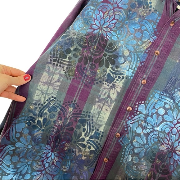 Upcycled Denim Shirt Shacket Womens Size Large Hand Painted Floral Striped Blue - Picture 5 of 14